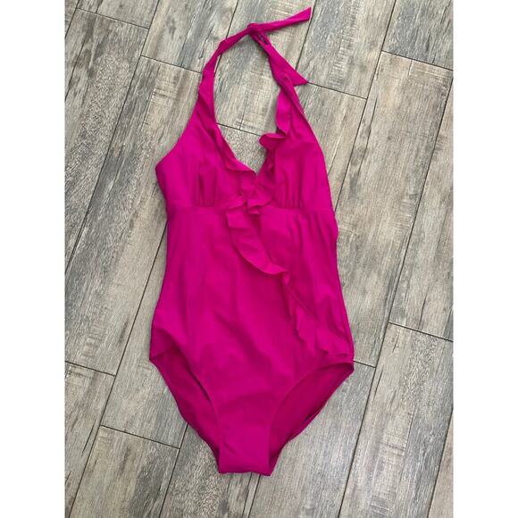 SPANX Women's Pink Assets Halter Glamour Ruffle One Piece Swimsuit Size Large - Picture 3 of 6